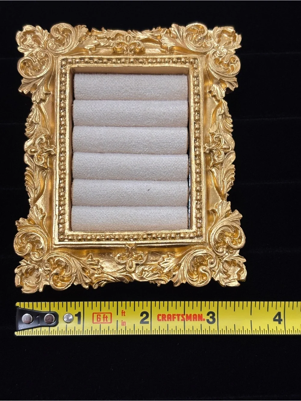 Ornate Ring Holder; Gold Jewelry Display Frame with Cream Velvet Inserts
